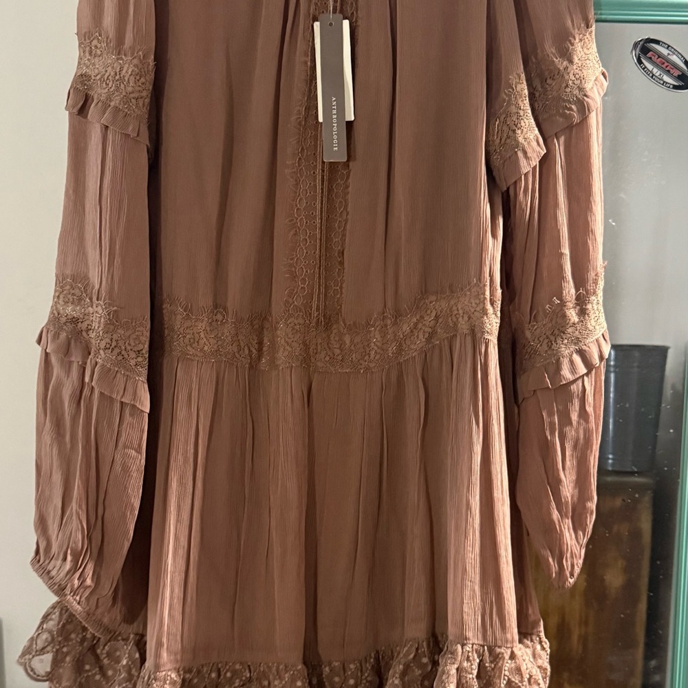 Anthropologie Brown Long Sleeve Dress with Lace Detail - Picture 2 of 2